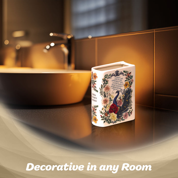 G128 Book-Shaped Decorative Vase Peacock Pattern | Ceramic Flower Vase Home Decor for Table Desk Office
