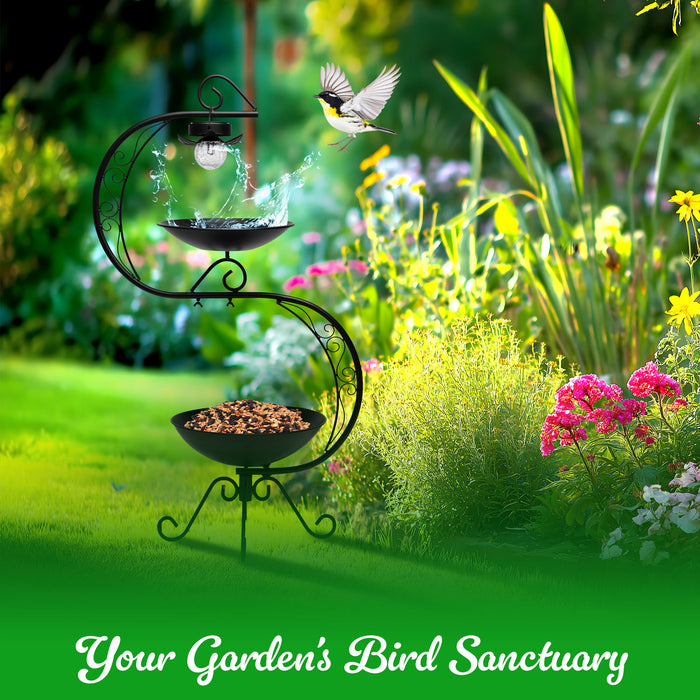G128 2-Tier Bird Bath with Flower Planter Pedestal, 36" Bird Baths for Outdoors with Solar Lighting Lamp, Elegant Birdbath Birdfeeder for Garden Yard Patio Lawn Decor