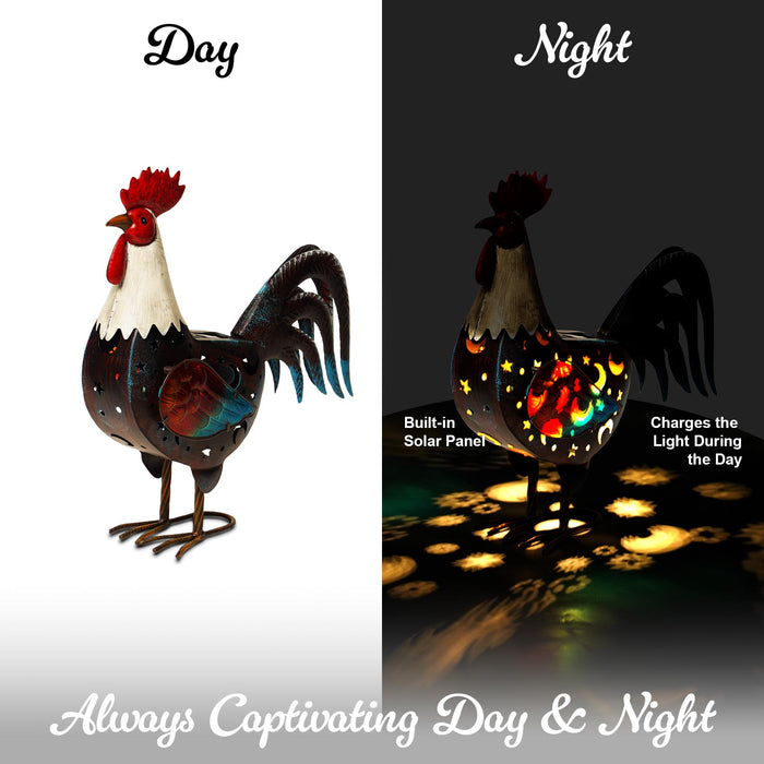 G128 Solar Metal Rooster Garden Statue | 18 in Farmhouse Rooster Outdoor Decor with LED Lights, Colorful Yard Art for Lawn Patio Backyard