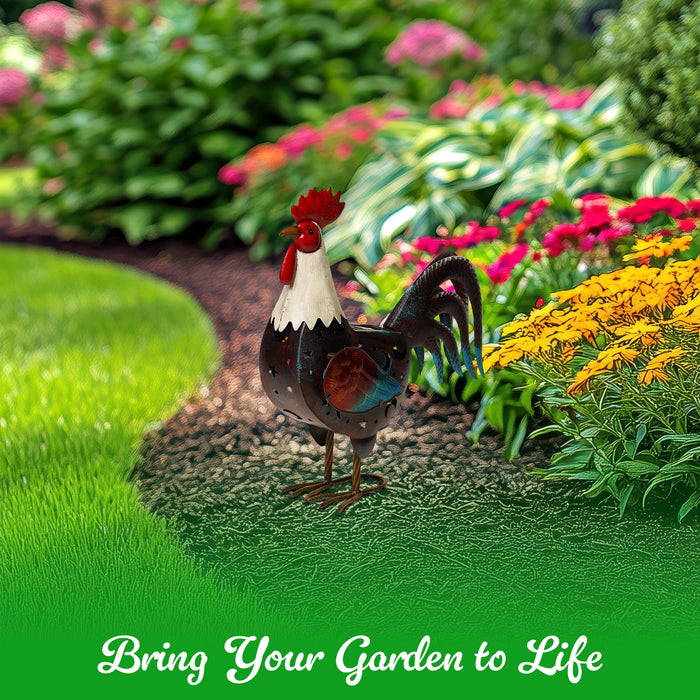 G128 Solar Metal Rooster Garden Statue | 18 in Farmhouse Rooster Outdoor Decor with LED Lights, Colorful Yard Art for Lawn Patio Backyard
