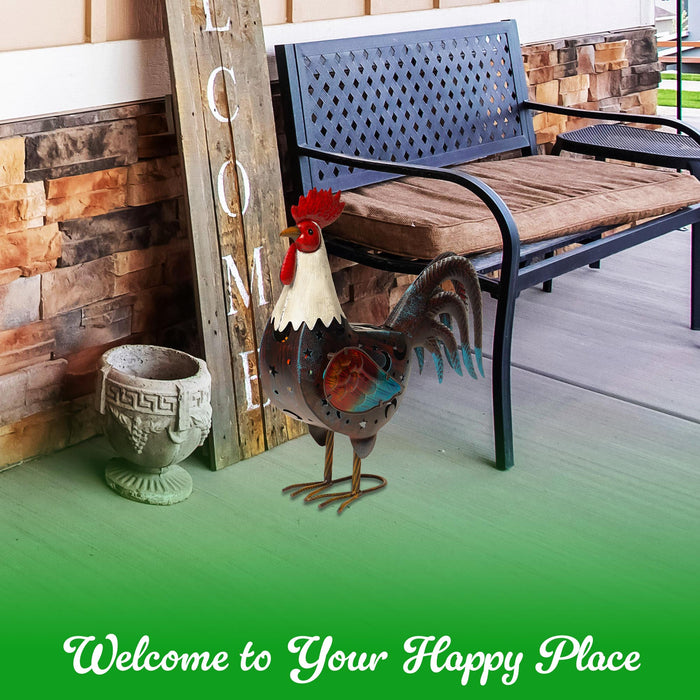 G128 Solar Metal Rooster Garden Statue | 18 in Farmhouse Rooster Outdoor Decor with LED Lights, Colorful Yard Art for Lawn Patio Backyard