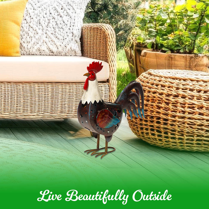 G128 Solar Metal Rooster Garden Statue | 18 in Farmhouse Rooster Outdoor Decor with LED Lights, Colorful Yard Art for Lawn Patio Backyard