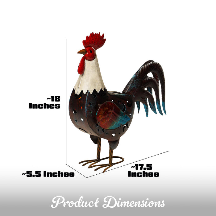 G128 Solar Metal Rooster Garden Statue | 18 in Farmhouse Rooster Outdoor Decor with LED Lights, Colorful Yard Art for Lawn Patio Backyard