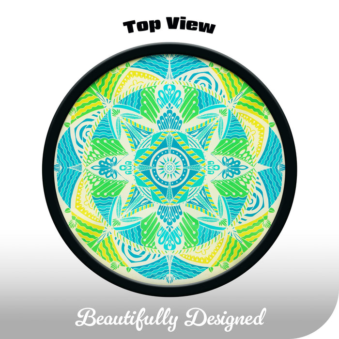 G128 14 in Round Glass Outdoor Side Table Mandrake Pattern | Decorative Plant Stand, Small End Table for Garden Patio Porch Living Room