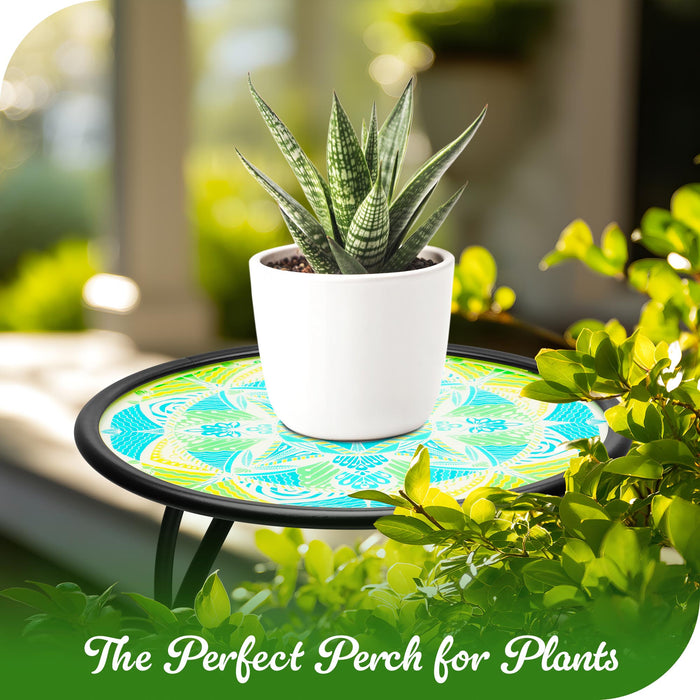 G128 14 in Round Glass Outdoor Side Table Mandrake Pattern | Decorative Plant Stand, Small End Table for Garden Patio Porch Living Room
