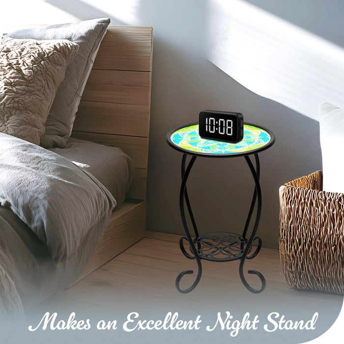 G128 14 in Round Glass Outdoor Side Table Mandrake Pattern | Decorative Plant Stand, Small End Table for Garden Patio Porch Living Room