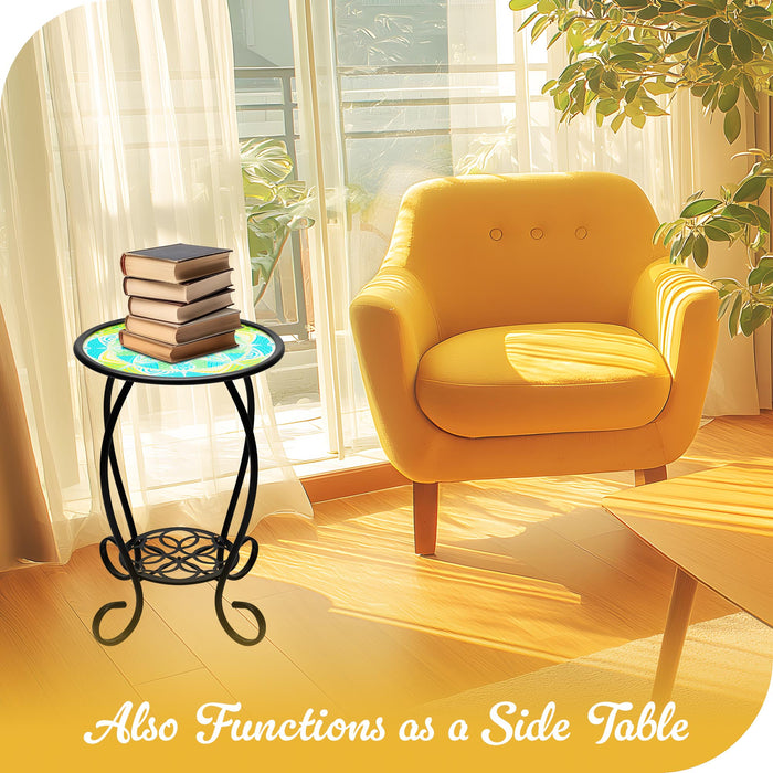 G128 14 in Round Glass Outdoor Side Table Mandrake Pattern | Decorative Plant Stand, Small End Table for Garden Patio Porch Living Room