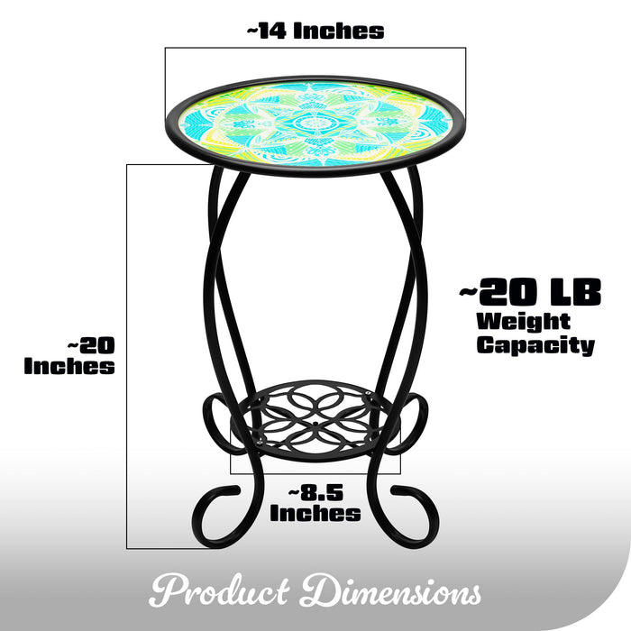 G128 14 in Round Glass Outdoor Side Table Mandrake Pattern | Decorative Plant Stand, Small End Table for Garden Patio Porch Living Room