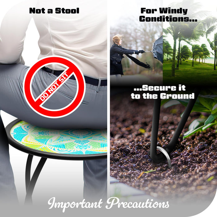 G128 14 in Round Glass Outdoor Side Table Mandrake Pattern | Decorative Plant Stand, Small End Table for Garden Patio Porch Living Room