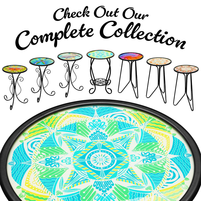 G128 14 in Round Glass Outdoor Side Table Mandrake Pattern | Decorative Plant Stand, Small End Table for Garden Patio Porch Living Room
