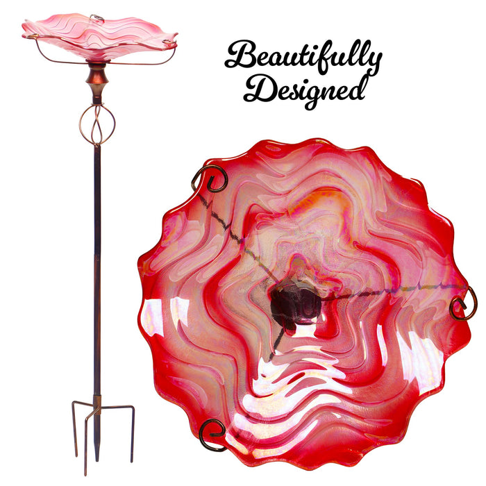 G128 32 Inch Height Glass Bird Baths with Metal Stake | Decorative Pink Outdoor Garden Bird Feeder