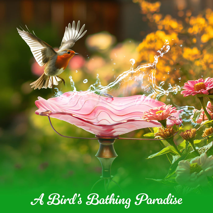 G128 32 Inch Height Glass Bird Baths with Metal Stake | Decorative Pink Outdoor Garden Bird Feeder