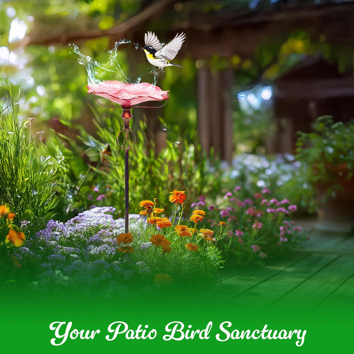 G128 32 Inch Height Glass Bird Baths with Metal Stake | Decorative Pink Outdoor Garden Bird Feeder