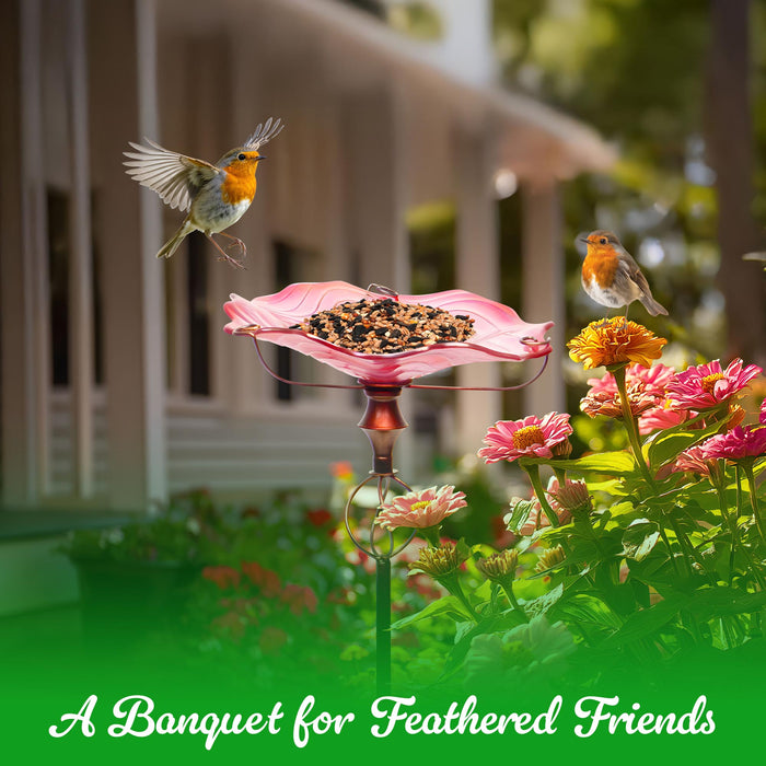 G128 32 Inch Height Glass Bird Baths with Metal Stake | Decorative Pink Outdoor Garden Bird Feeder
