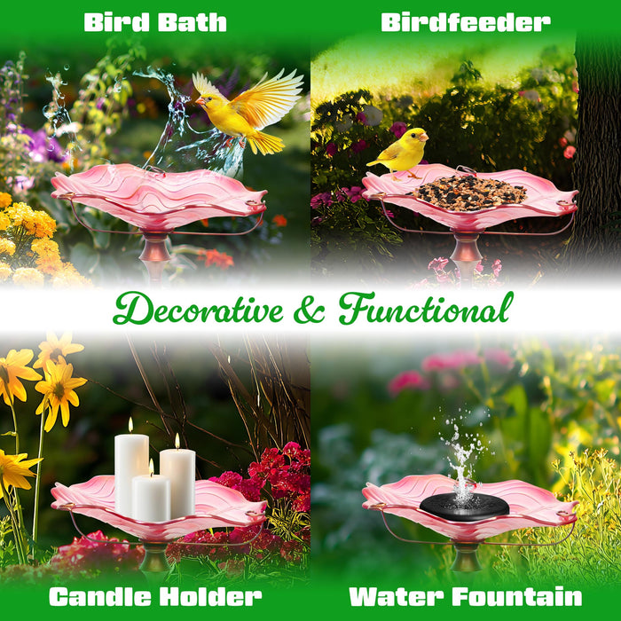 G128 32 Inch Height Glass Bird Baths with Metal Stake | Decorative Pink Outdoor Garden Bird Feeder