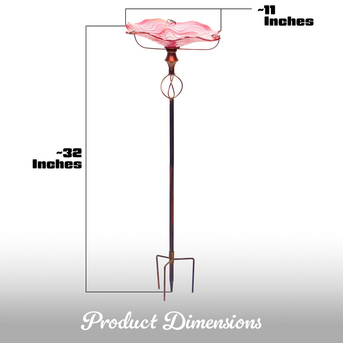 G128 32 Inch Height Glass Bird Baths with Metal Stake | Decorative Pink Outdoor Garden Bird Feeder