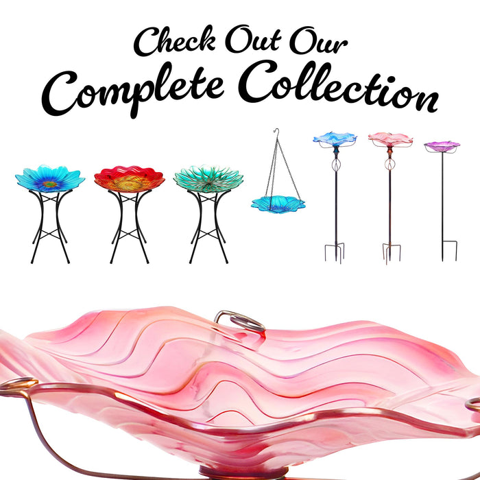G128 32 Inch Height Glass Bird Baths with Metal Stake | Decorative Pink Outdoor Garden Bird Feeder
