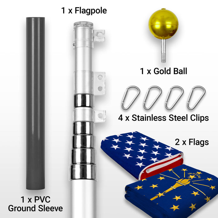 G128 Combo Pack: 25 Ft Telescoping Aluminum Flagpole (Silver) & American and Indiana Flags 3x5 Ft, Both StormFlyer Series Embroidered 220GSM Spun Polyester | Pole with Flags Included