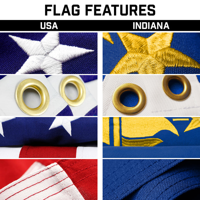 G128 Combo Pack: 25 Ft Telescoping Aluminum Flagpole (Silver) & American and Indiana Flags 3x5 Ft, Both StormFlyer Series Embroidered 220GSM Spun Polyester | Pole with Flags Included