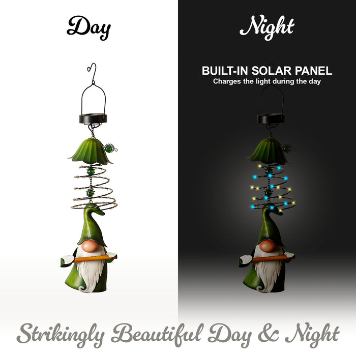 G128 Solar Garden Gnome Hanging Outdoor Decoration | Green Hat Gnome with Flute, LED Lights Color Changing, Colorful Yard Art for Lawn Patio Backyard