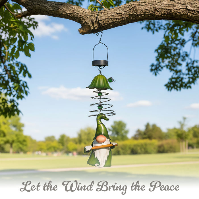 G128 Solar Garden Gnome Hanging Outdoor Decoration | Green Hat Gnome with Flute, LED Lights Color Changing, Colorful Yard Art for Lawn Patio Backyard