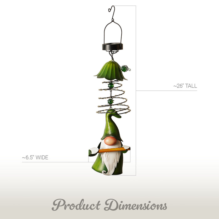 G128 Solar Garden Gnome Hanging Outdoor Decoration | Green Hat Gnome with Flute, LED Lights Color Changing, Colorful Yard Art for Lawn Patio Backyard