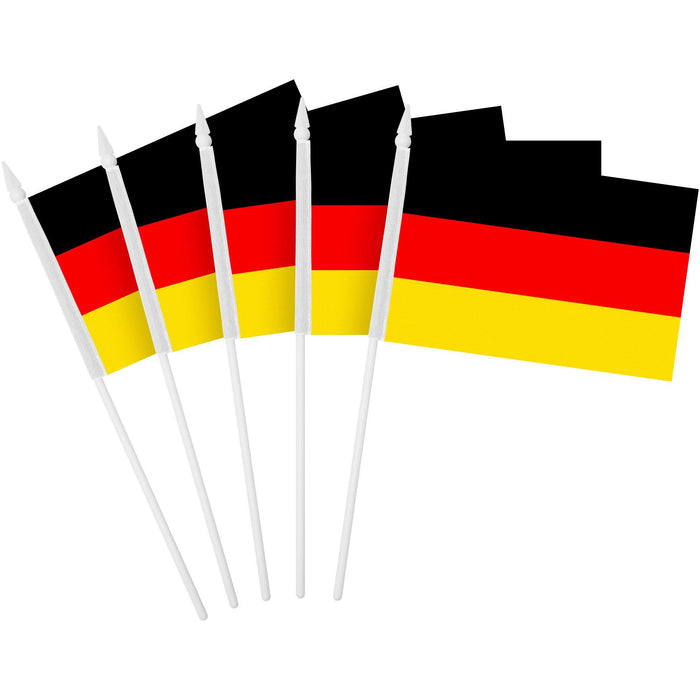 G128 10 Pack Handheld Germany German Stick Flags | 4x6 In | Printed 150D Polyester, Country Flag, Solid Plastic Stick, Spear White Tip