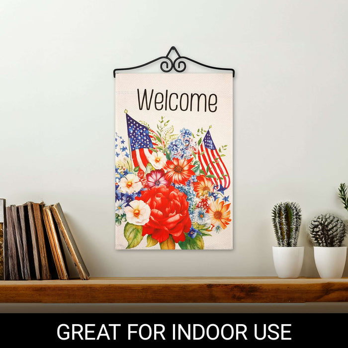 G128 Combo Pack Garden Flag Hanger 14IN & Garden Flag Welcome  Flowers Printed 12x18IN Double Sided Yard Garden Lawn Decoration