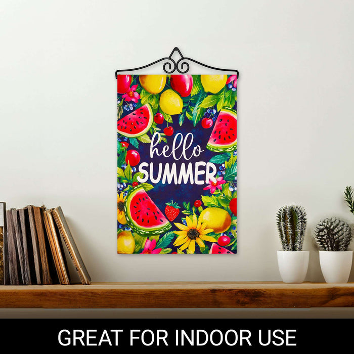 G128 12x18IN Hello Summer Watermelon Fruit Garden Flag with 14IN Hanger