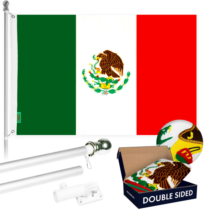 G128 - 6 Feet Tangle Free Spinning Flagpole (Silver) Mexico Double Sided Brass Grommets Embroidered 3x5 ft (Flag Included) Aluminum Flag Pole