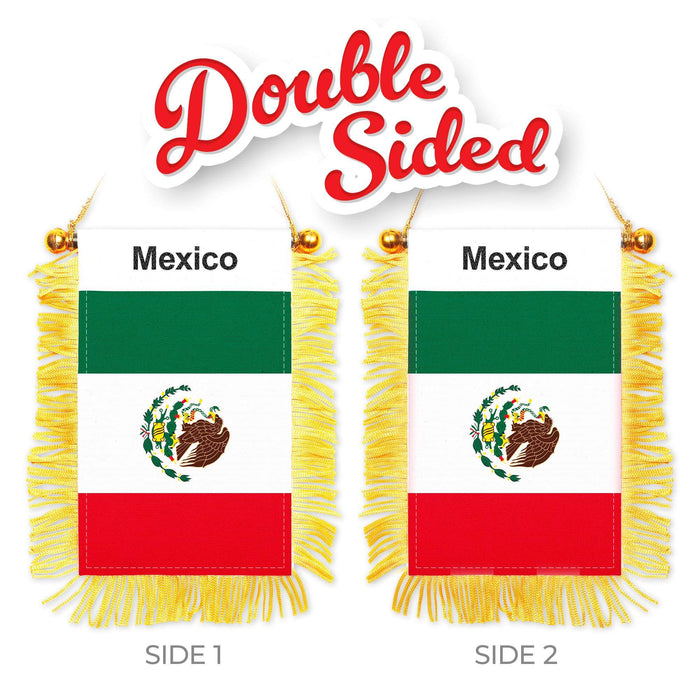 G128 2 Pack: Mexico Mexican Fringy Flag | 3x5IN | Fringy Hanging Double Sided Flag with Suction Cup, Window and Car Rearview Mirror Decor