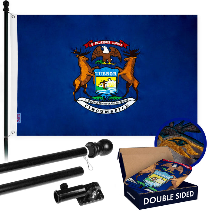 G128 - 6 Feet Tangle Free Spinning Flagpole (Black) Michigan Double Sided Brass Grommets Embroidered 3x5 ft (Flag Included) Aluminum Flag Pole