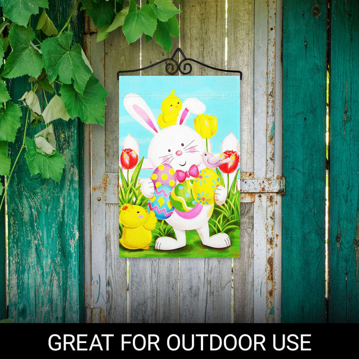 G128 Combo Pack Garden Flag Hanger 14IN & Garden Flag Happy Easter White Bunny with Easter Eggs Printed 12x18IN Double Sided
