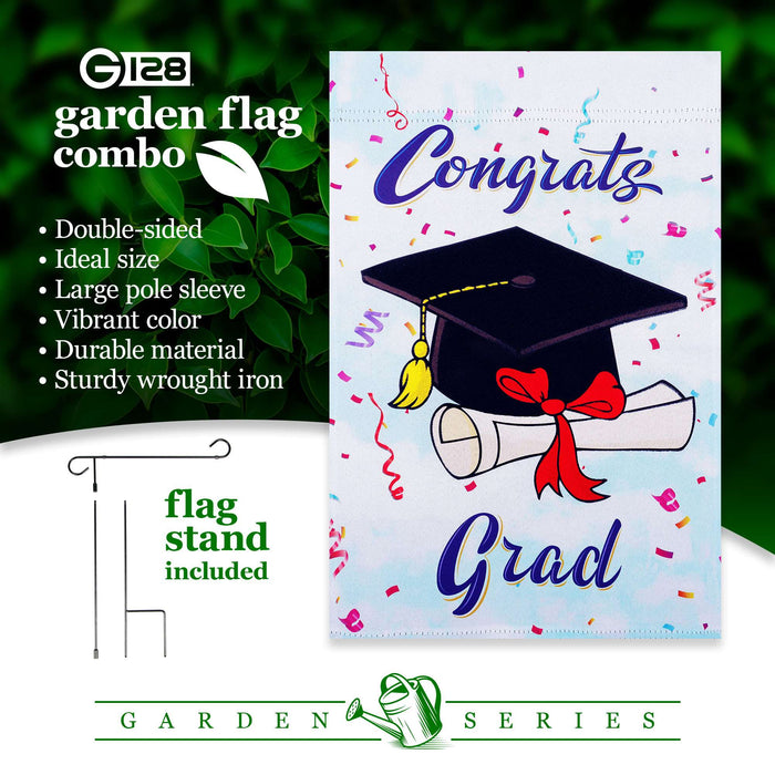 G128 Combo Pack: Garden Flag Stand 36x16IN & Garden Flag Happy Graduation Congrats Cap Printed 12x18IN Double Sided