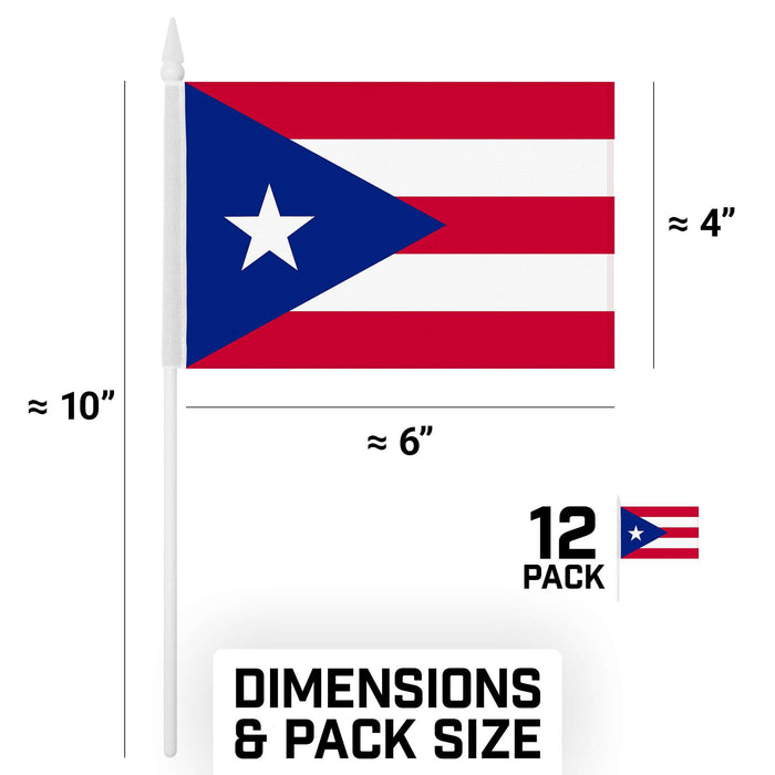 G128 10 Pack Handheld Puerto Rico Puerto Rican Stick Flags | 4x6 In | Printed 150D Polyester, Country Flag, Solid Plastic Stick, Spear White Tip