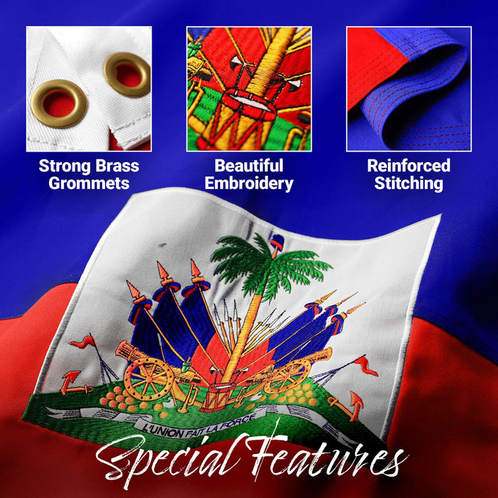 G128 Haiti Haitian Flag | 4x6 Ft | StormFlyer Series Embroidered 220GSM Spun Polyester | Country Flag, Embroidered Design, Indoor/Outdoor, Brass Grommets, Heavy Duty, All Weather