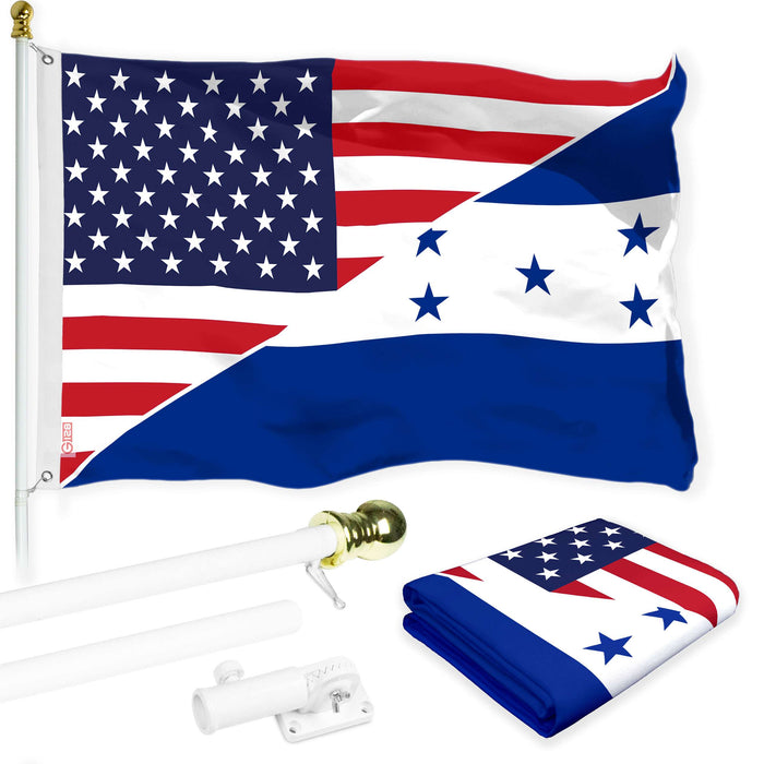 G128 Combo Pack: 6 Ft Tangle Free Aluminum Spinning Flagpole (White) & Honduras USA Friendship Flag | 3x5 Ft |LiteWeave Pro Series Printed 150D Polyester | Pole with Flag Included