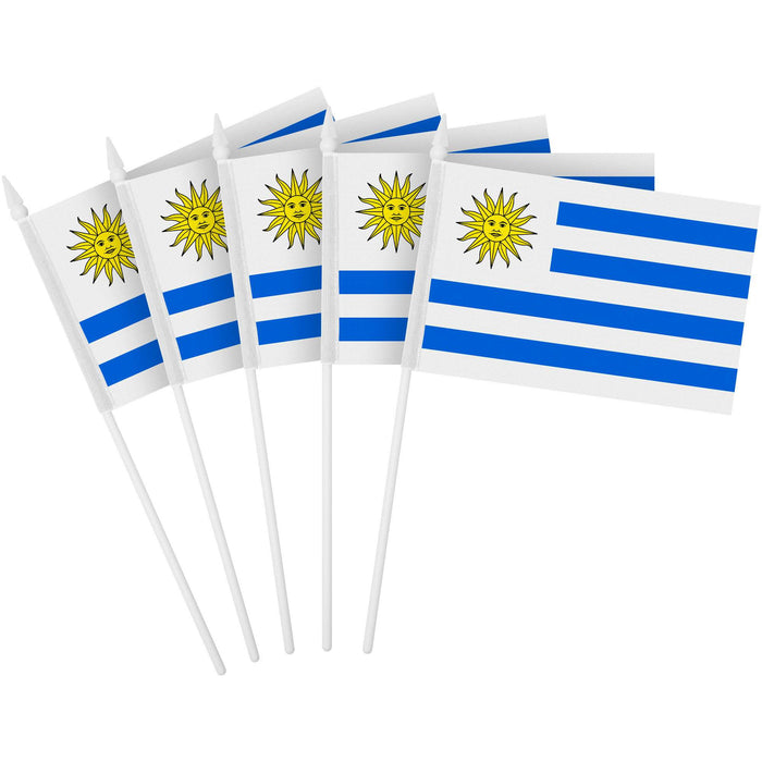 G128 10 Pack Handheld Uruguay Stick Flags | 4x6 In | Printed 150D Polyester, Country Flag, Solid Plastic Stick, Spear White Tip