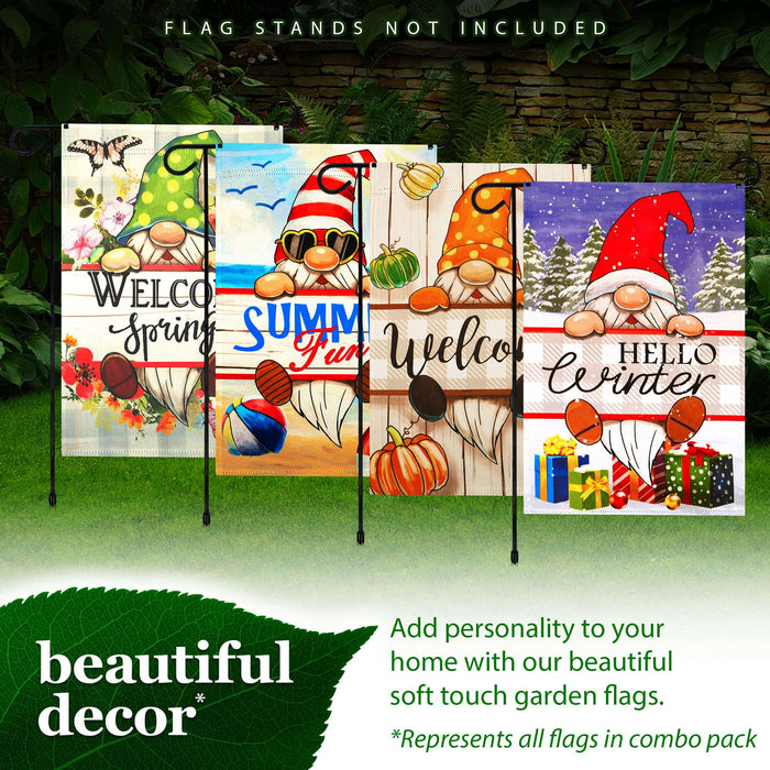 G128 Whimsical Wonders Holiday Gnome Garden Flag Set 4 Pack - Double Sided 12x18 Inch - Festive Welcome Yard Decorations for Outdoor Garden Lawn