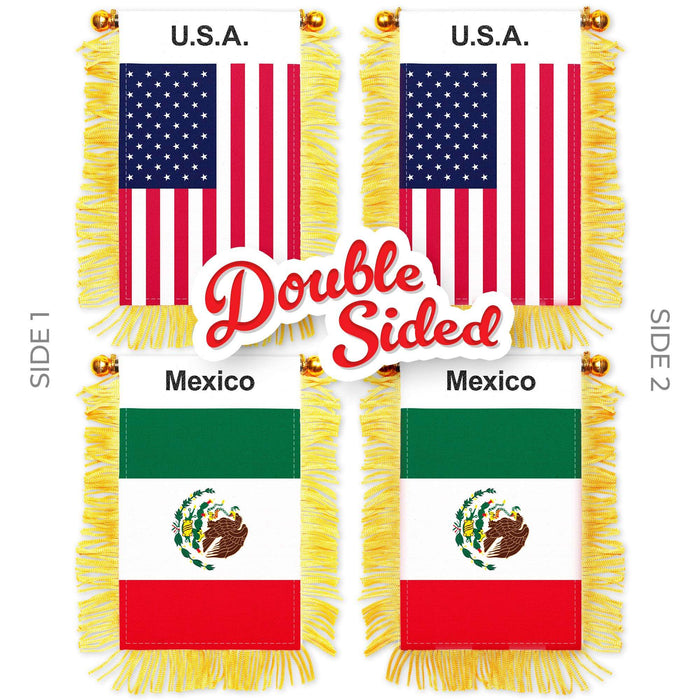 G128 Combo Pack: American USA & Mexico Mexican Fringy Flag Double Sided 3x5 In | Both Fringy Hanging Flag with Suction Cup