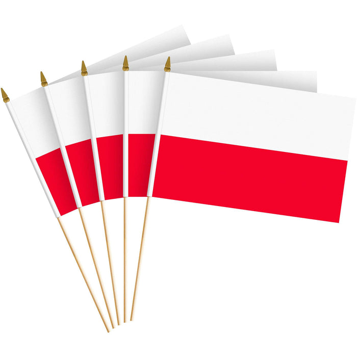 G128 10 Pack Handheld Poland Polish Stick Flags | 8x12 In | Printed 150D Polyester, Country Flag, Solid Plastic Stick, Spear White Tip