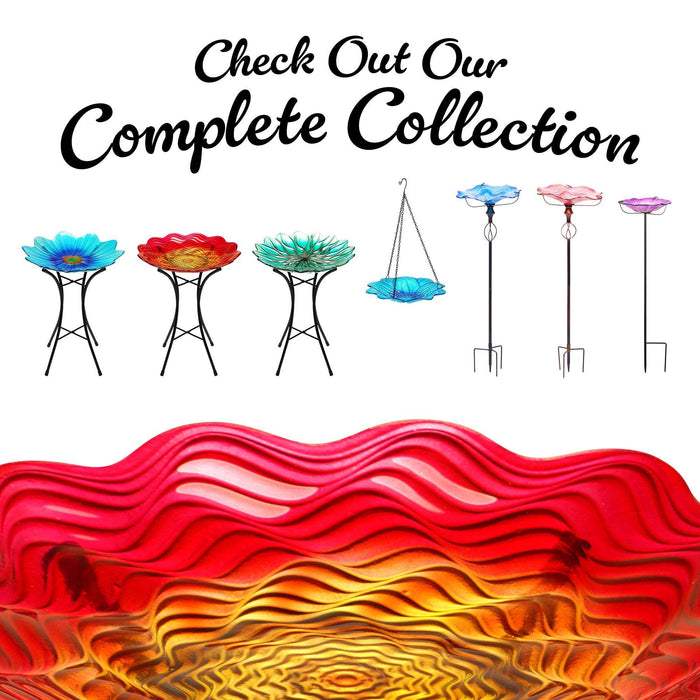 G128 19 Inch Height Glass Bird Baths with Metal Stand | Decorative Red BirdBaths Bowl Outdoor Garden Bird Feeder