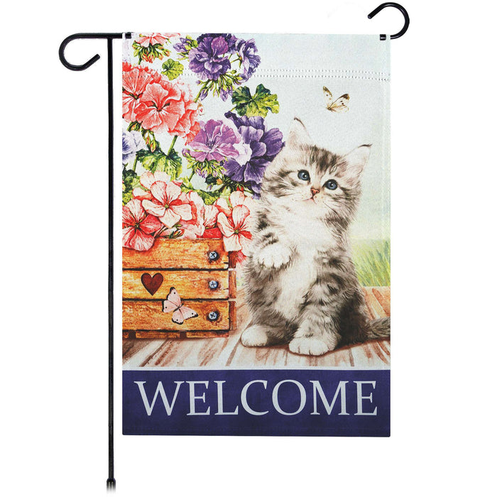 G128 Welcome Kitten Flowers Garden Flag 12x18 In Double Sided Spring Yard Garden Lawn Decoration