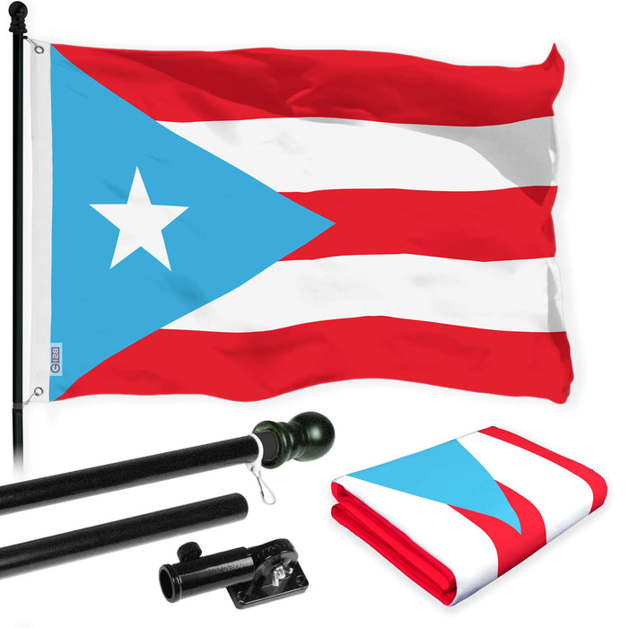 G128 Combo Pack: 5 Ft Twist Free Aluminum Spinning Flagpole (Black) & Puerto Rico Light Blue PR Flag | 2x3 Ft | LiteWeave Pro Series Printed 150D Polyester | Pole with Flag Included
