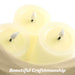 G128 set of three white flameless LED pillar candles in 6, 5, and 4 inch heights
