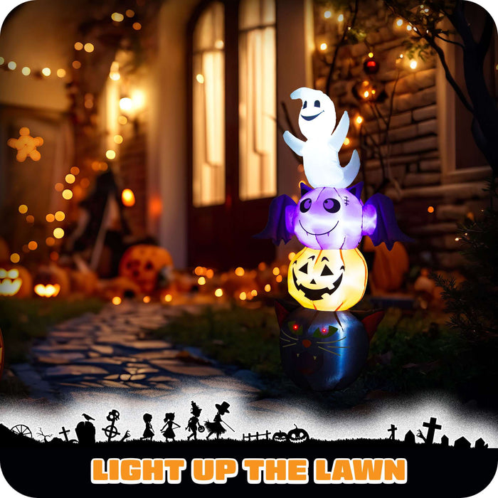 G128 6FT inflatable Halloween stack of a ghost, bat, pumpkin and black cat lit up on a lawn