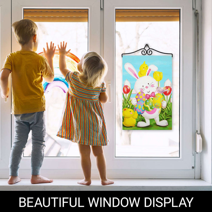 G128 Combo Pack Garden Flag Hanger 14IN & Garden Flag Happy Easter White Bunny with Easter Eggs Printed 12x18IN Double Sided