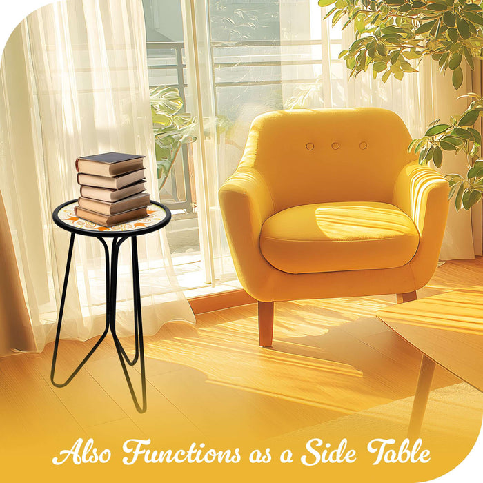 G128 12 in Round Glass Outdoor Side Table Orange Mandala Pattern | Decorative Plant Stand, Small End Table for Garden Patio Porch Living Room