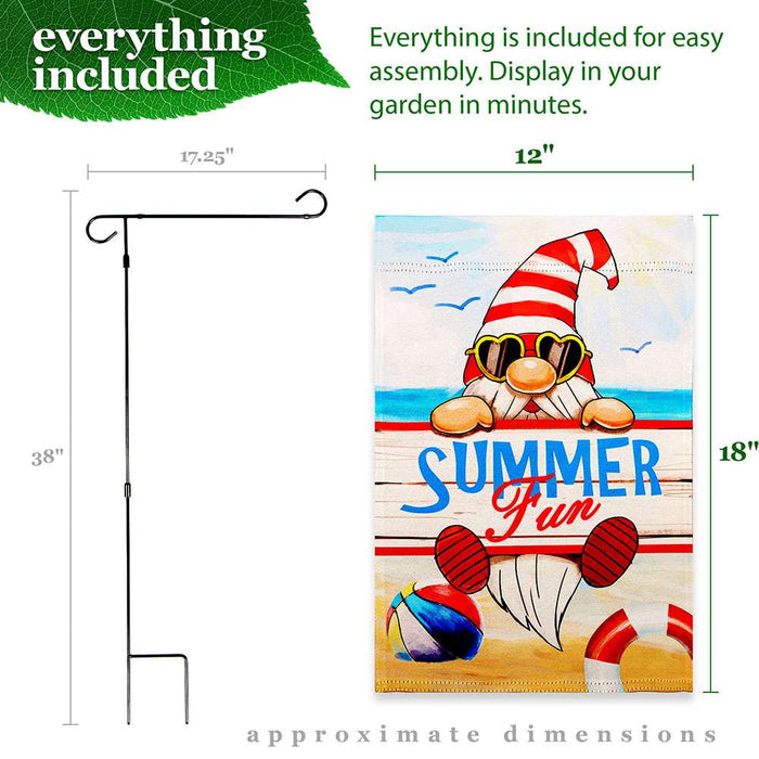 G128 Combo Pack: Garden Flag Stand 36x16IN & Garden Flag Summer Fun Gnome Printed 12x18IN Double Sided