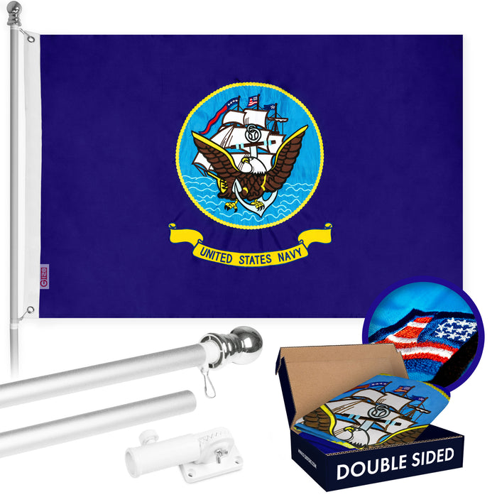 G128 - 5 Feet Tangle Free Spinning Flagpole (Silver) US Navy BOAT Flag Double Sided Brass Grommets Embroidered 2x3 ft (Flag Included) Aluminum Flag Pole